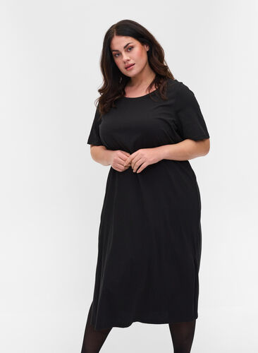 T-shirtklänning i bomull med slits, Black, Model image number 0
