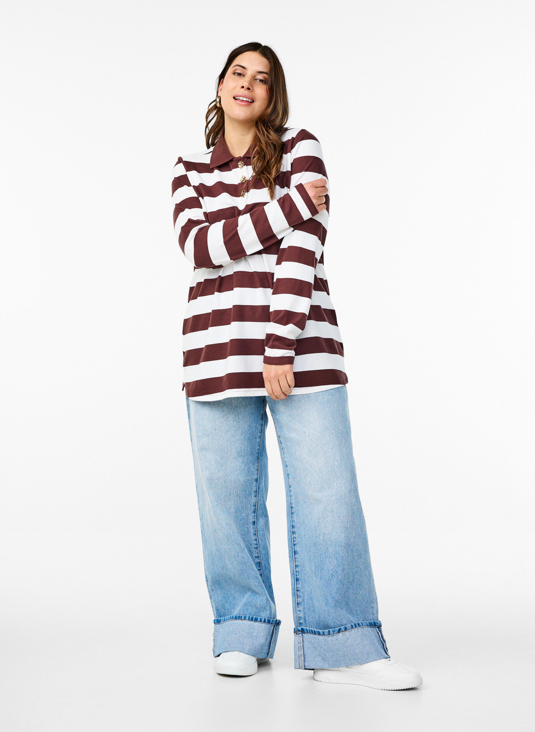 Zizzi Randig pik&eacute;tr&ouml;ja med l&aring;nga &auml;rmar, M&ouml;rk Bordeaux, Model image number 1