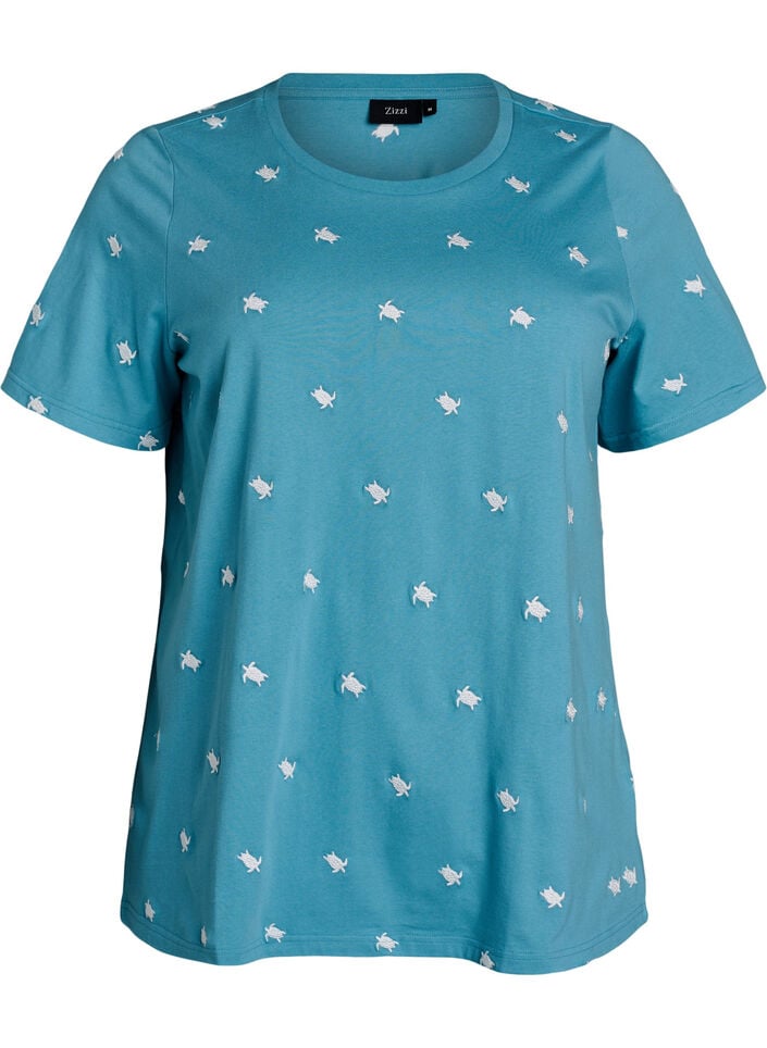 T-shirt i ekologisk bomull med broderade motiv, Bl&aring;, Packshot image number 0