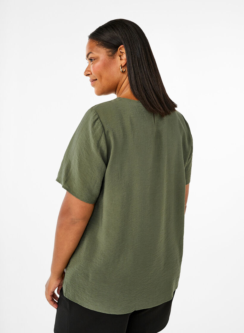 Kortärmad viskosblus med spetsdetalj, Thyme, Model image number 1