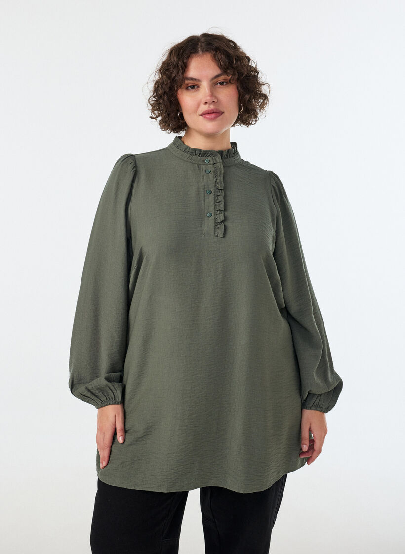 Tunika i viskos med volanger och knappar, Gr&ouml;n, Model image number 0