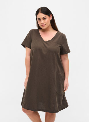 Kortärmad klänning i bomull, Khaki Green, Model image number 0