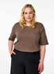 Blus i ribbad jersey med korta &auml;rmar, Brun, Model image number 0