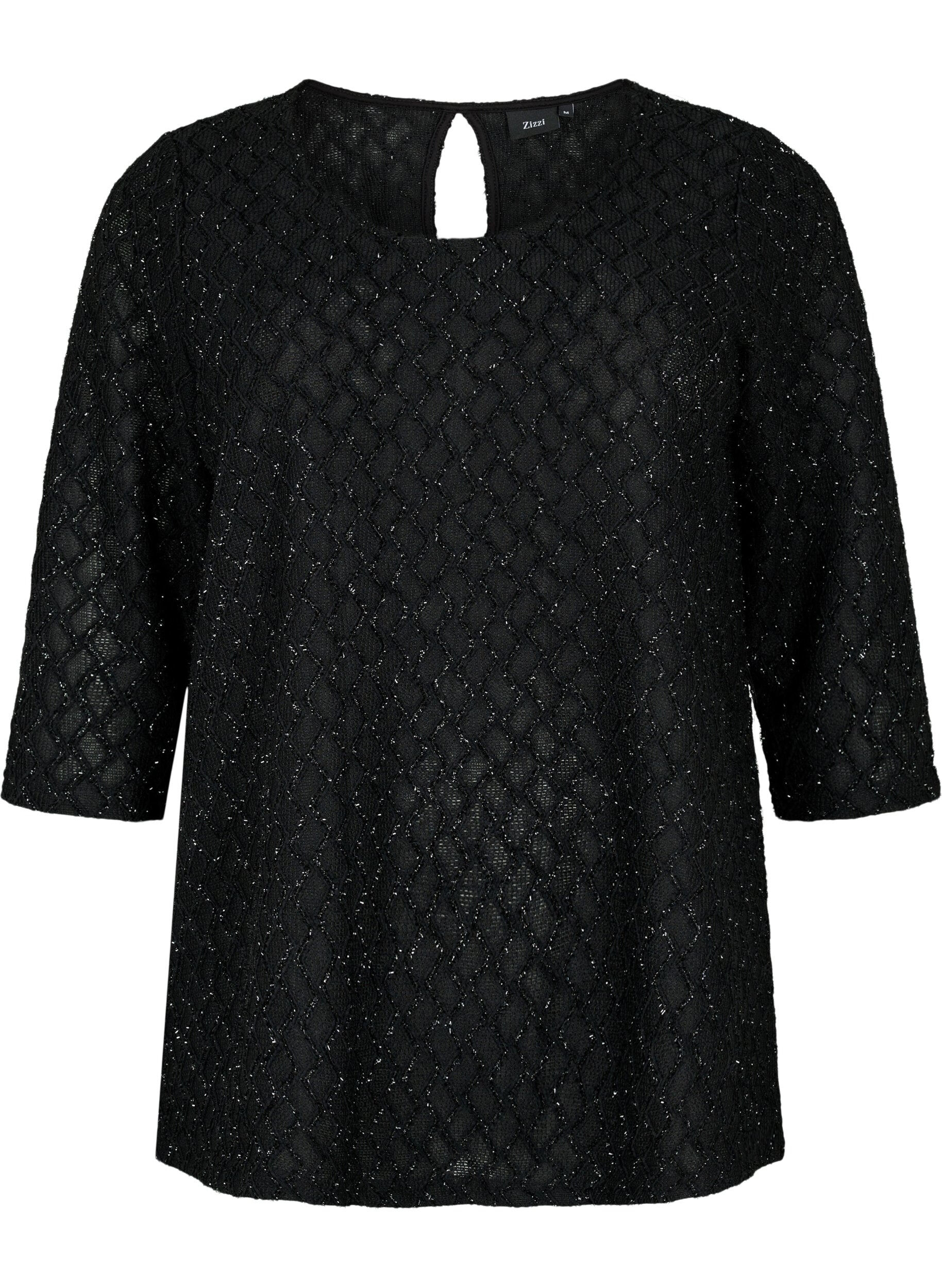 Zizzi M&ouml;nstrad blus med trekvarts&auml;rm och glitter, Black, Packshot image number 0