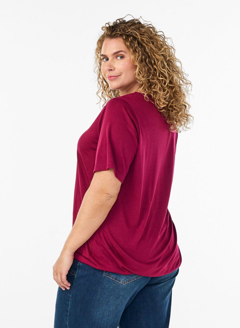 Blus med spetsinf&auml;llning och ballong&auml;rmar, R&ouml;d, Model image number 2