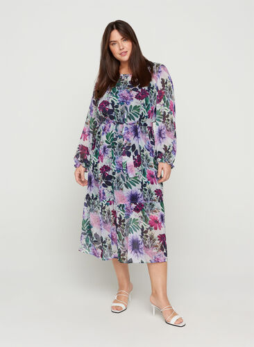Blommig midiklänning med långa ärmar, Purple Flower mix, Model image number 0