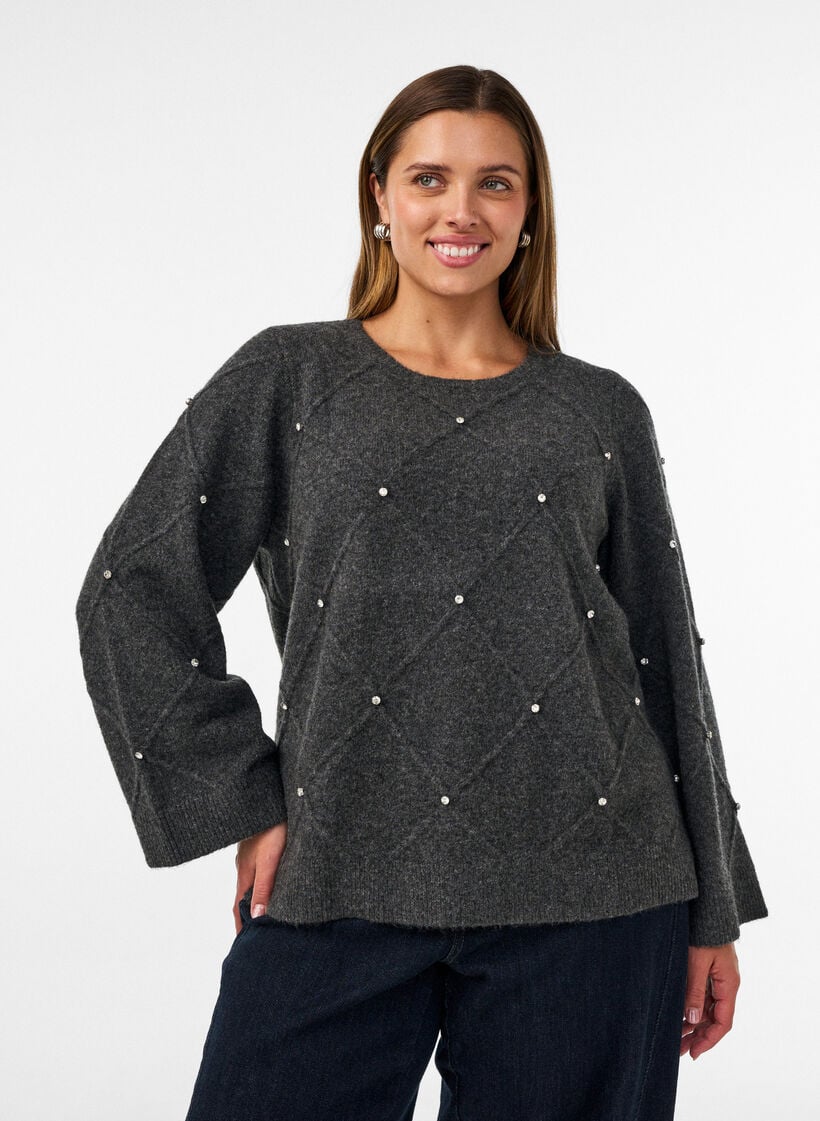 Blus i stickat med strass och diamantm&ouml;nster, Gr&aring;, Model image number 0