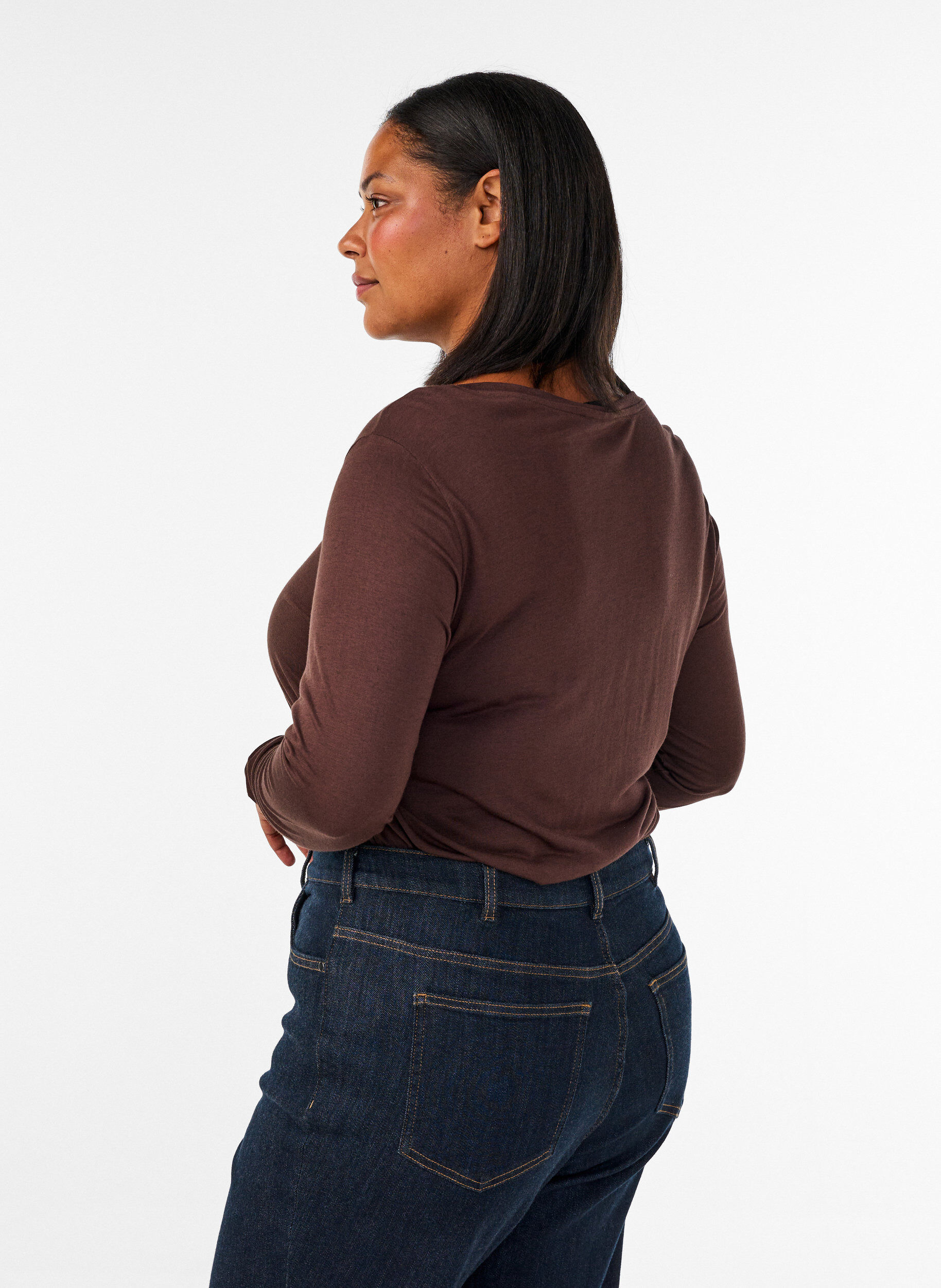 ZizziL&aring;ng&auml;rmad blus i ull och viskos, Brun, Model image number 2