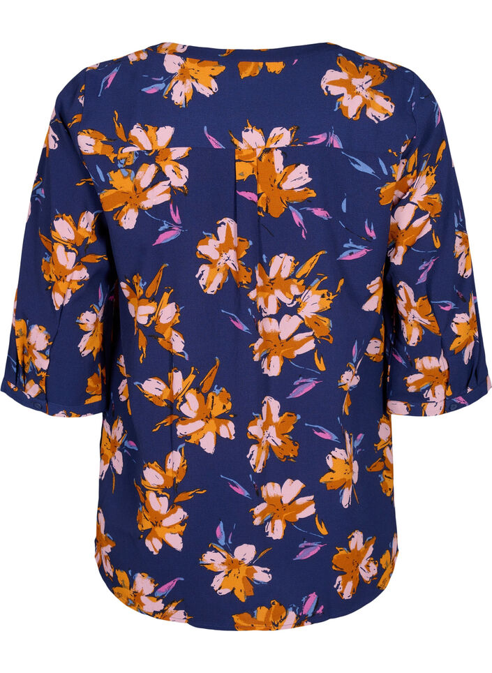 Blus med blommönster och trekvartsärm, Peacoat Flower AOP, Packshot image number 1