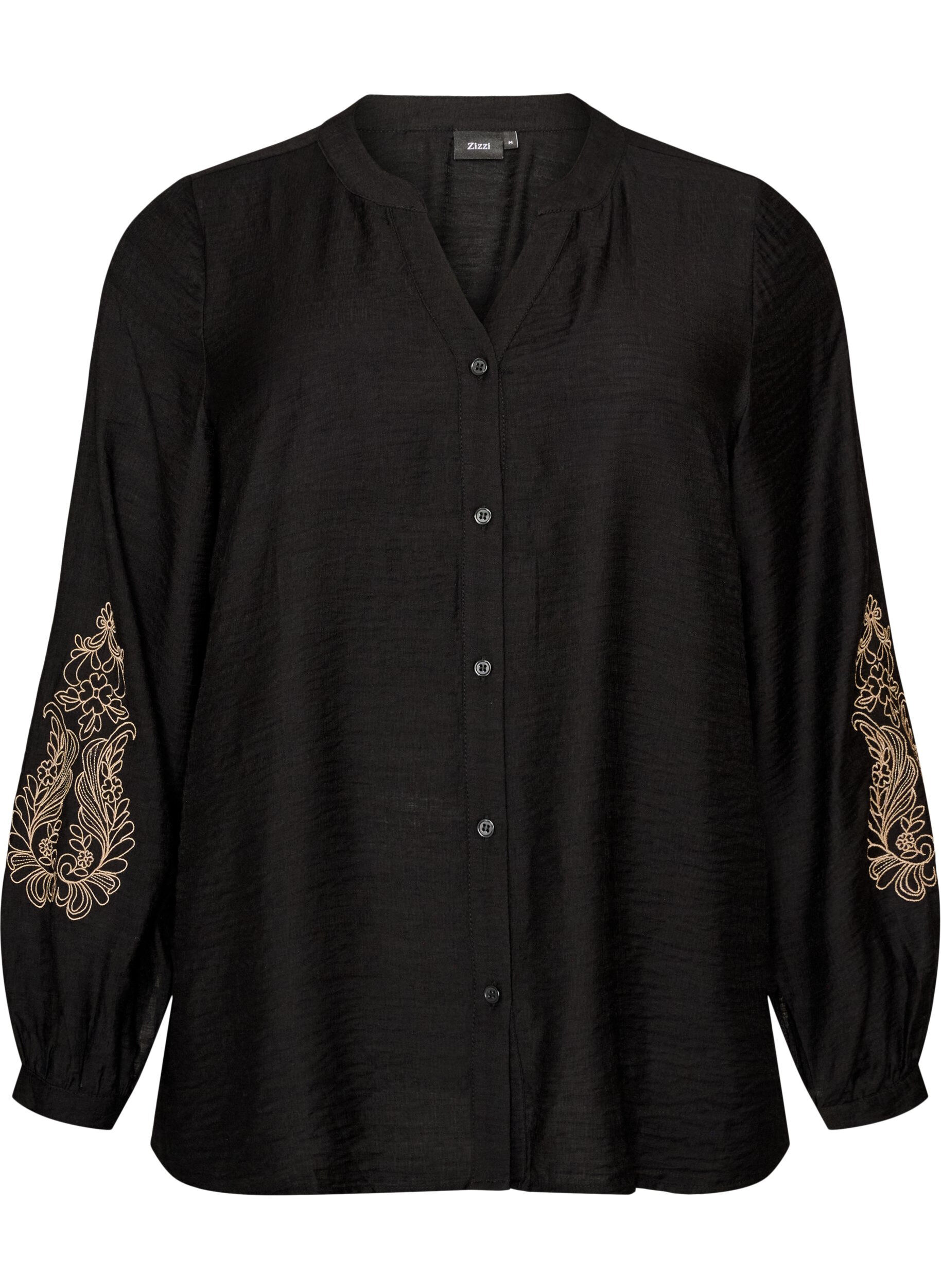 ZizziSkjorta i viskos med broderade &auml;rmar, Svart, Packshot image number 0