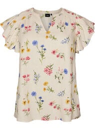 Blus i viskos och linne med volang&auml;rmar, Beige