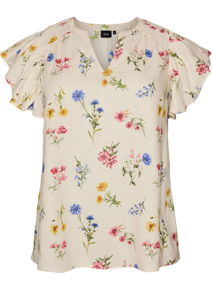 Blus i viskos och linne med volang&auml;rmar, Beige, Packshot image number 0