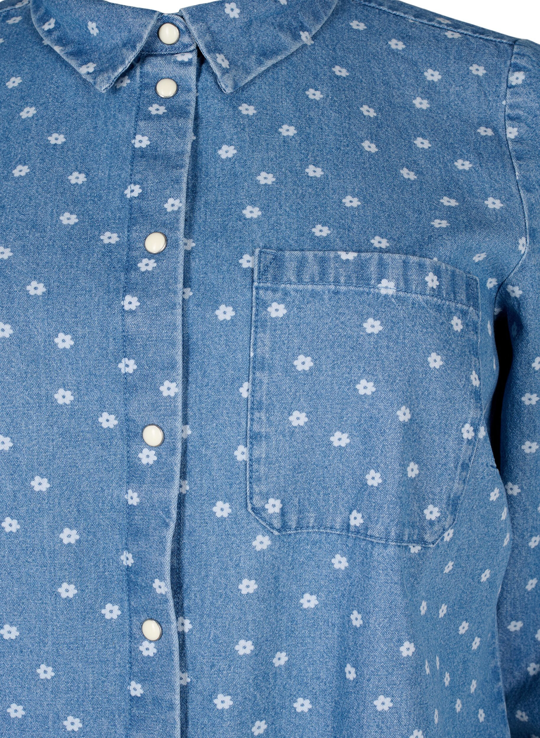 Zizzi Blommig denimskjorta med br&ouml;stficka, Light Blue w.Flowers, Packshot image number 2