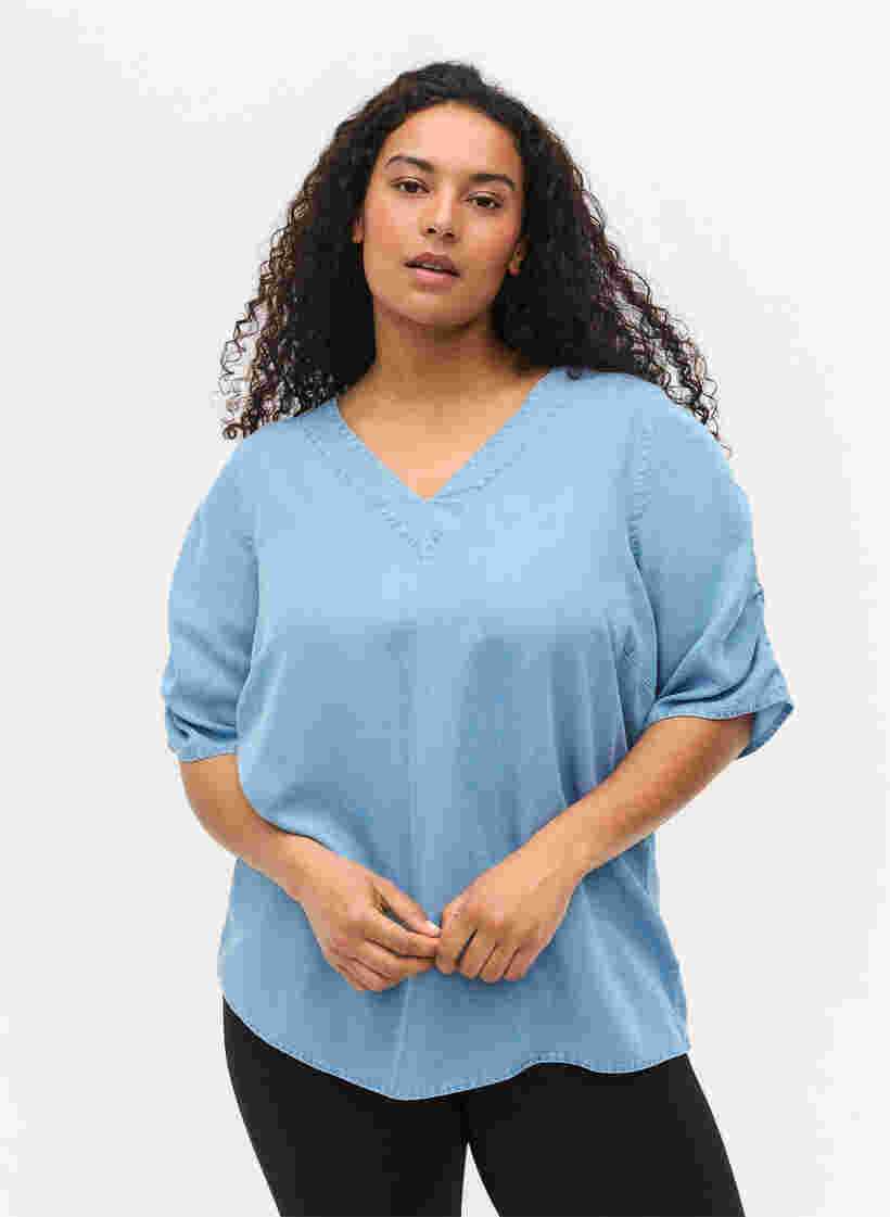 Blus med draperade ärmar, Light blue denim, Model image number 0