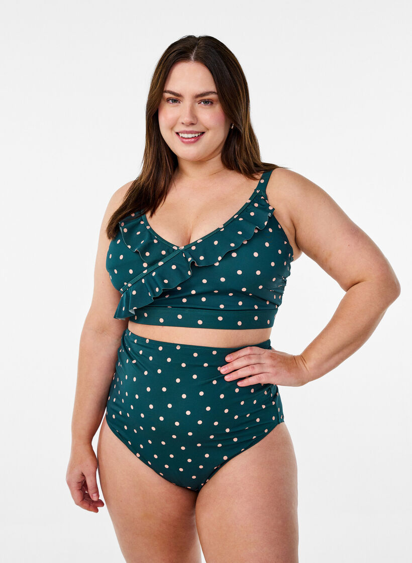 Bikinitopp med prickigt m&ouml;nster och volangdetaljer, Gr&ouml;n, Model image number 1