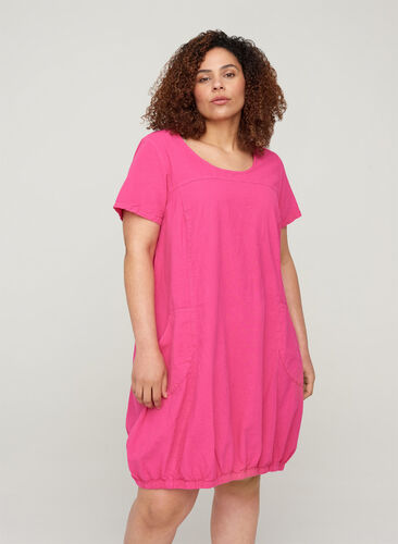 Kortärmad klänning i bomull, Fuchia Purple, Model image number 0