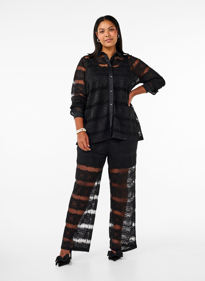 Lös skjorta med spets och transparent mesh, Black, Model image number 2