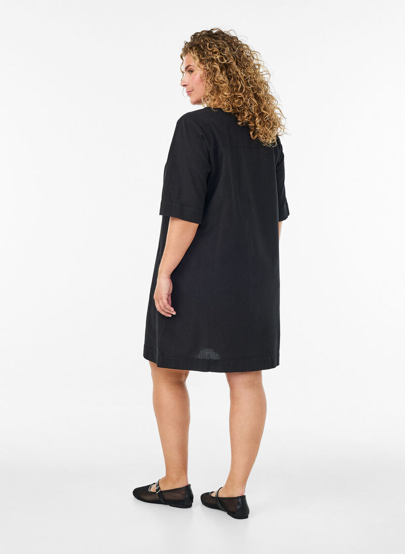 Kl&auml;nning i bomull med korta &auml;rmar och fickor, Svart, Model image number 2