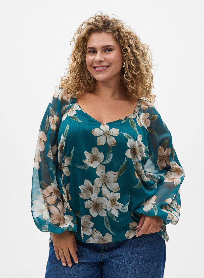 Chiffongblus med blommigt tryck och l&aring;nga &auml;rmar, Gr&ouml;n, Model image number 0