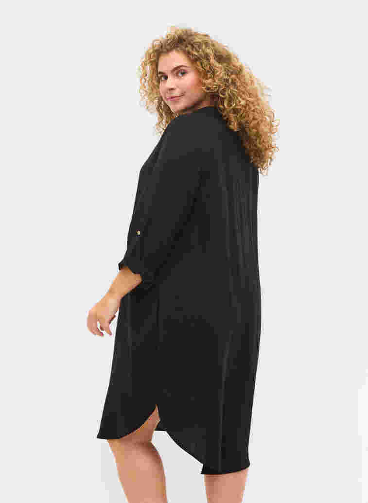 Lång enfärgad viskosskjorta med 3/4-ärmar, Black, Model image number 1