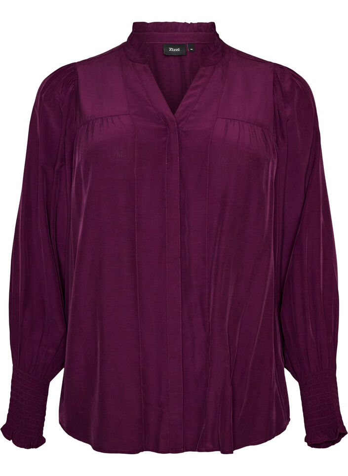 Blus med volangkrage och rynkning, Lila, Packshot image number 0