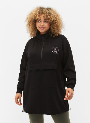 Lång sweatshirt med ficka och dragkedja, Black, Model image number 0