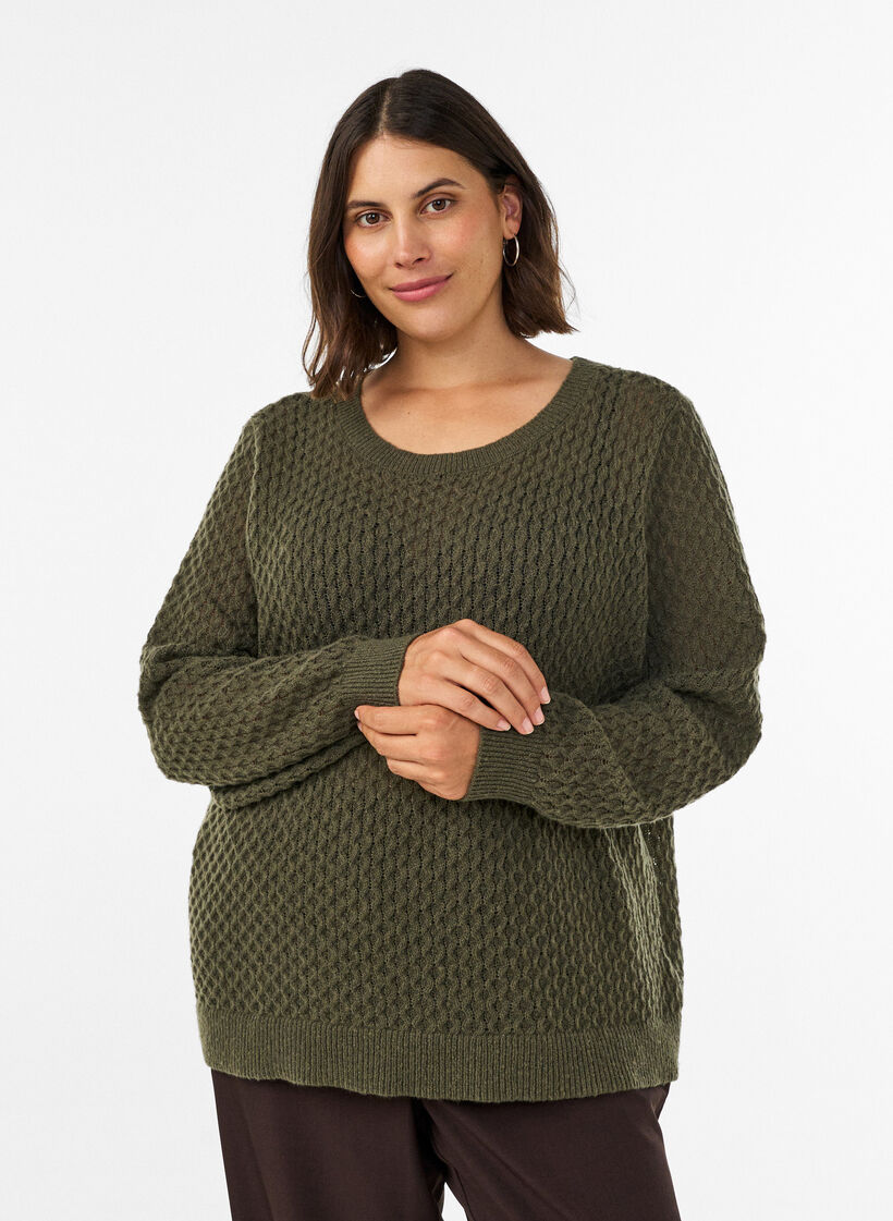 Stickad blus med strukturerat h&aring;lm&ouml;nster, Gr&ouml;n, Model image number 0
