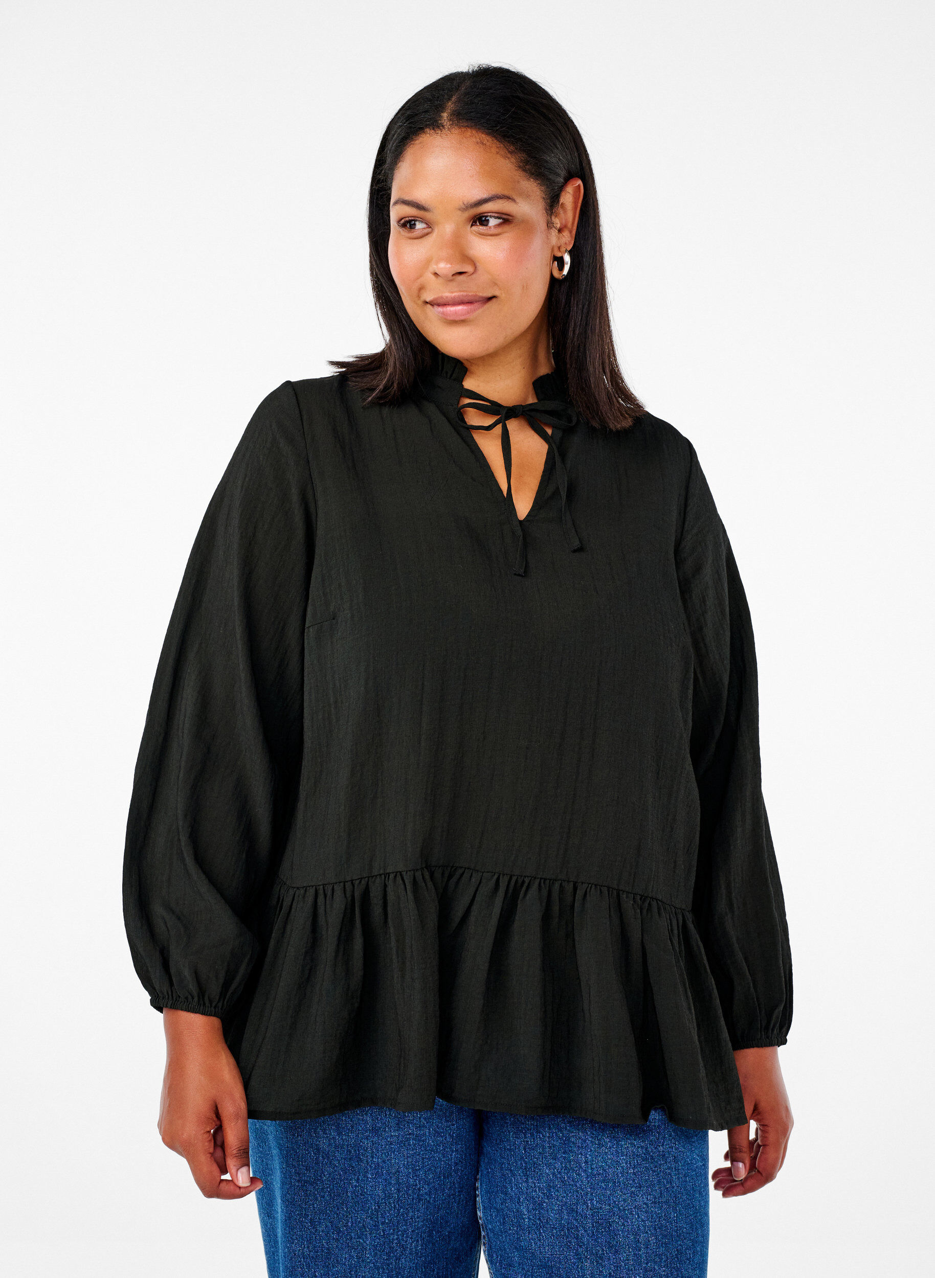 Zizzi Viskosblus med peplum, Svart, Model image number 0
