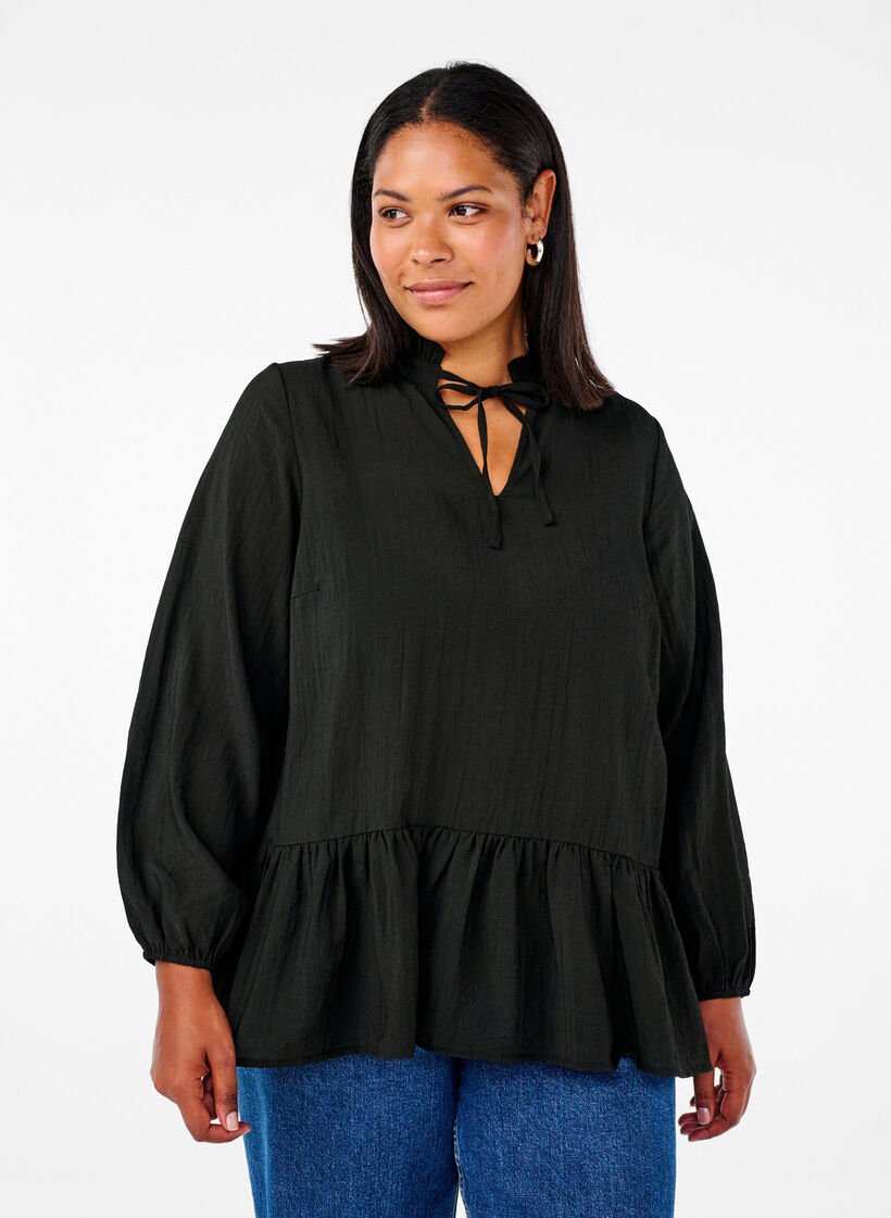 Långärmad blus med peplum, Svart, Model image number 0