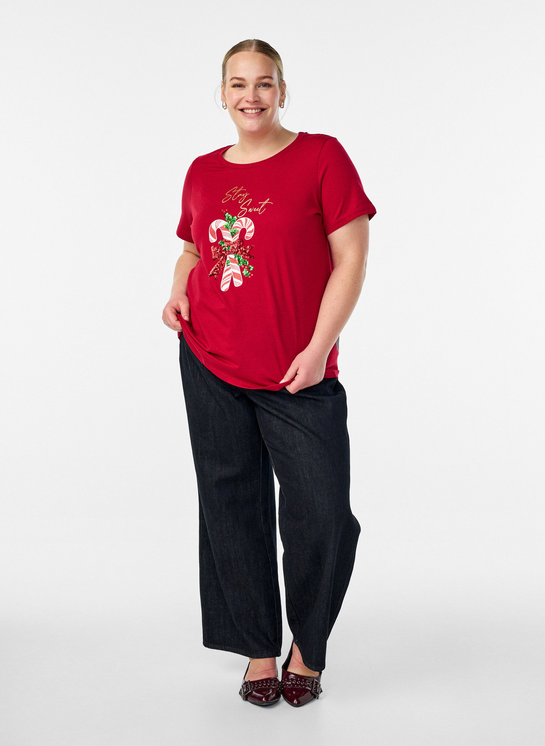 Zizzi Jul-t-shirt i ekologisk bomull, R&ouml;d, Model image number 1