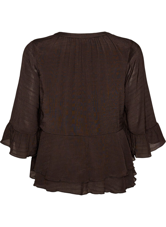 Blus med 3/4-&auml;rmar och volangdetaljer, Brun, Packshot image number 1