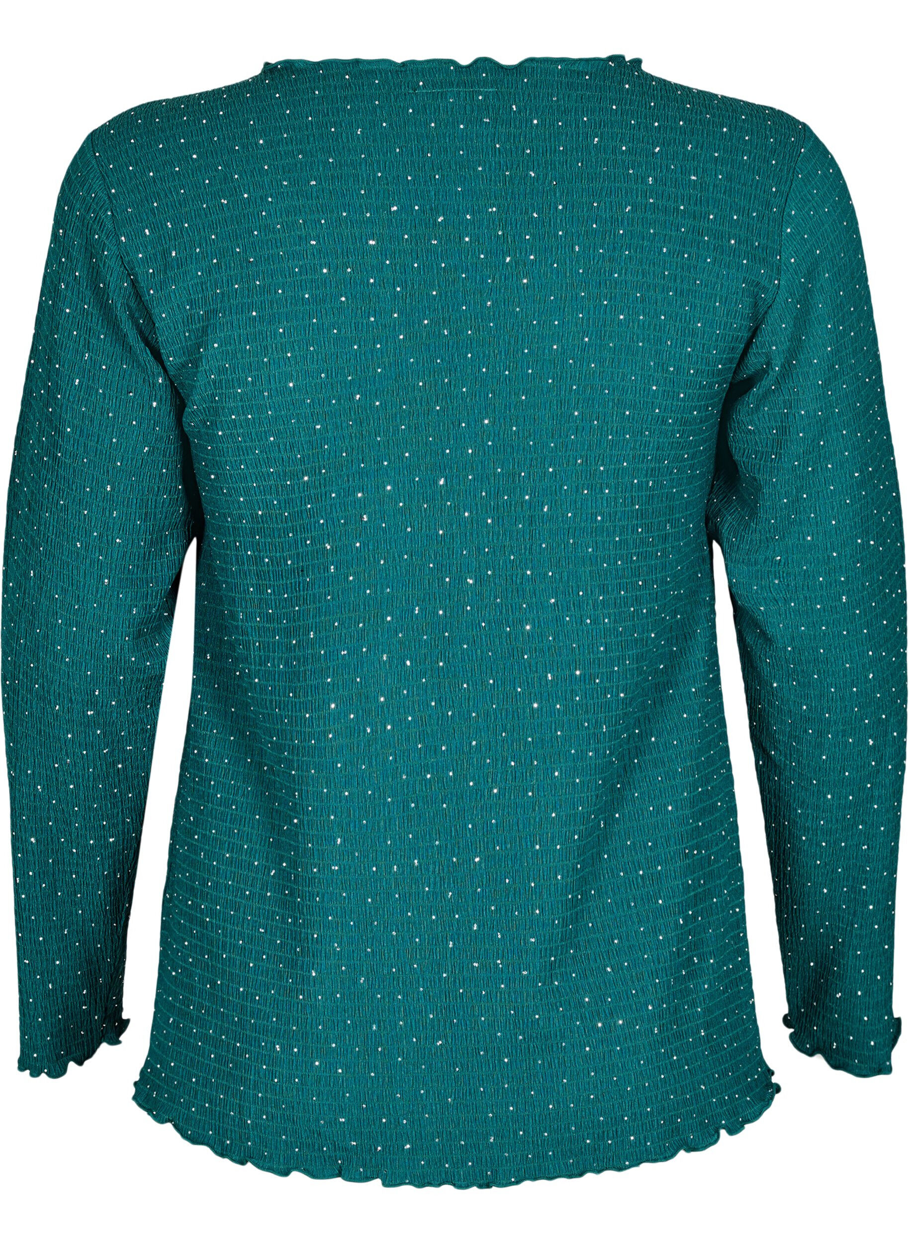 Zizzi L&aring;ng&auml;rmad blus med strass, Gr&ouml;n, Packshot image number 1