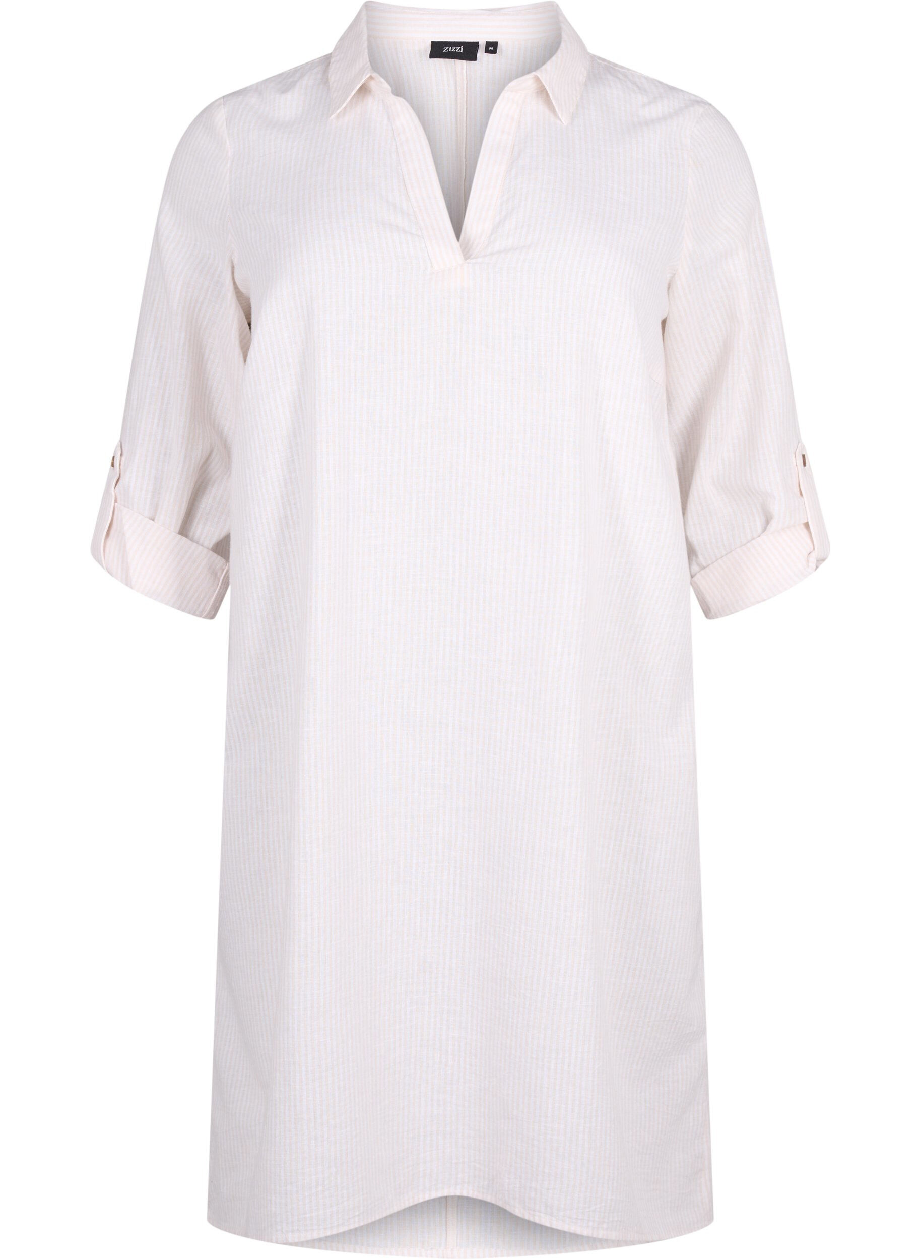 Randig kl&auml;nning i bomull och linne