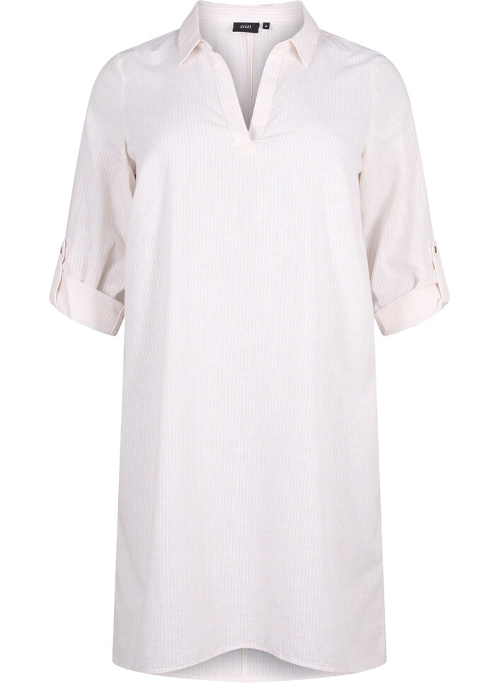 Randig klänning i bomull och linne, Sandshell Wh. Stripe, Packshot image number 0