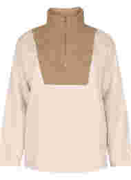 Höghalsad sweatshirt med teddymaterial och dragkedja, Brown Comb