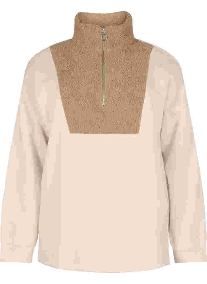 Höghalsad sweatshirt med teddymaterial och dragkedja, Brown Comb, Packshot image number 0