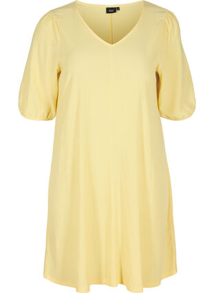 Klänning med puffärmar och v-ringad hals, Mellow Yellow, Packshot image number 0