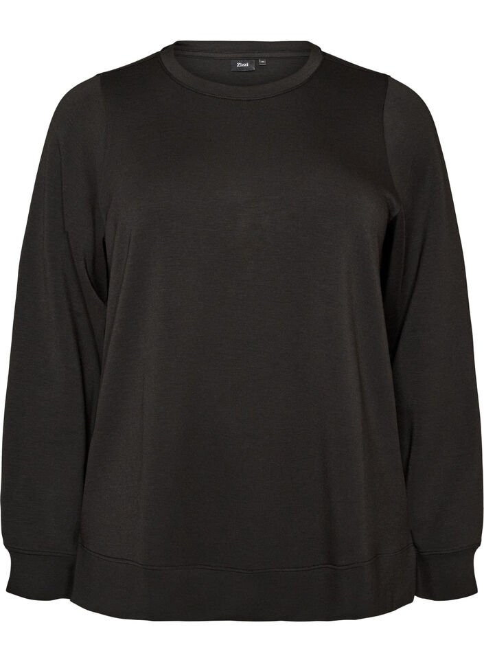 L&aring;ng&auml;rmad blus i jersey med rund hals, Svart, Packshot image number 0