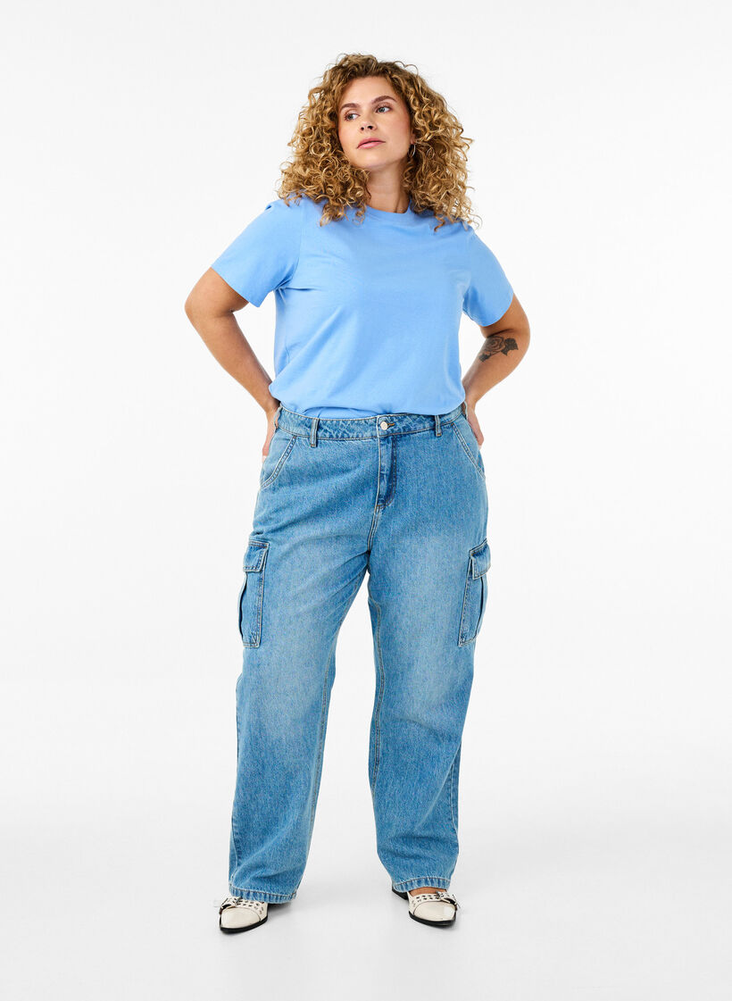 Enkel t-shirt i bomull med rund halsringning, Bl&aring;, Model image number 1