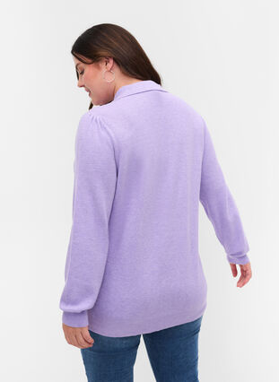 Stickad tröja med krage och dekorativa knappar, Purple Rose Mel., Model image number 1