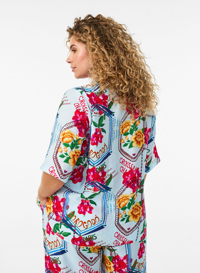 Skjortblus med armb&aring;gsl&aring;nga &auml;rmar och f&auml;rgglatt m&ouml;nster, Bl&aring;, Model image number 2