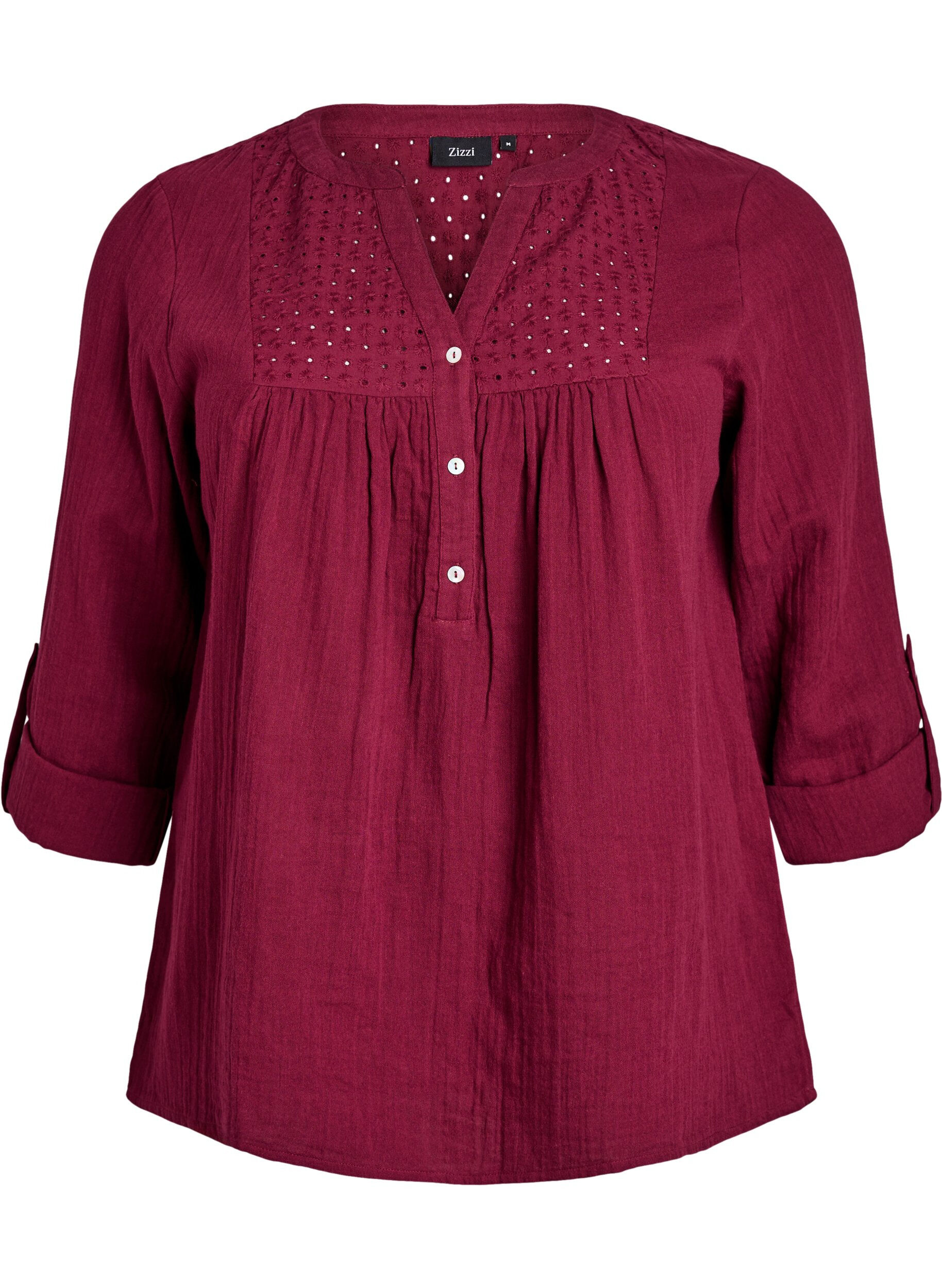 ZizziBlus i bomullsmuslin med broderie anglaise, M&ouml;rk Bordeaux, Packshot image number 0