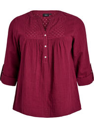 Blus i bomullsmuslin med broderie anglaise, M&ouml;rk Bordeaux