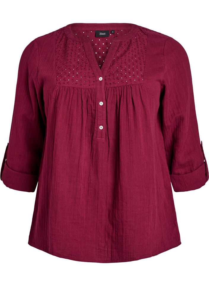 Blus i bomullsmuslin med broderie anglaise, M&ouml;rk Bordeaux, Packshot image number 0