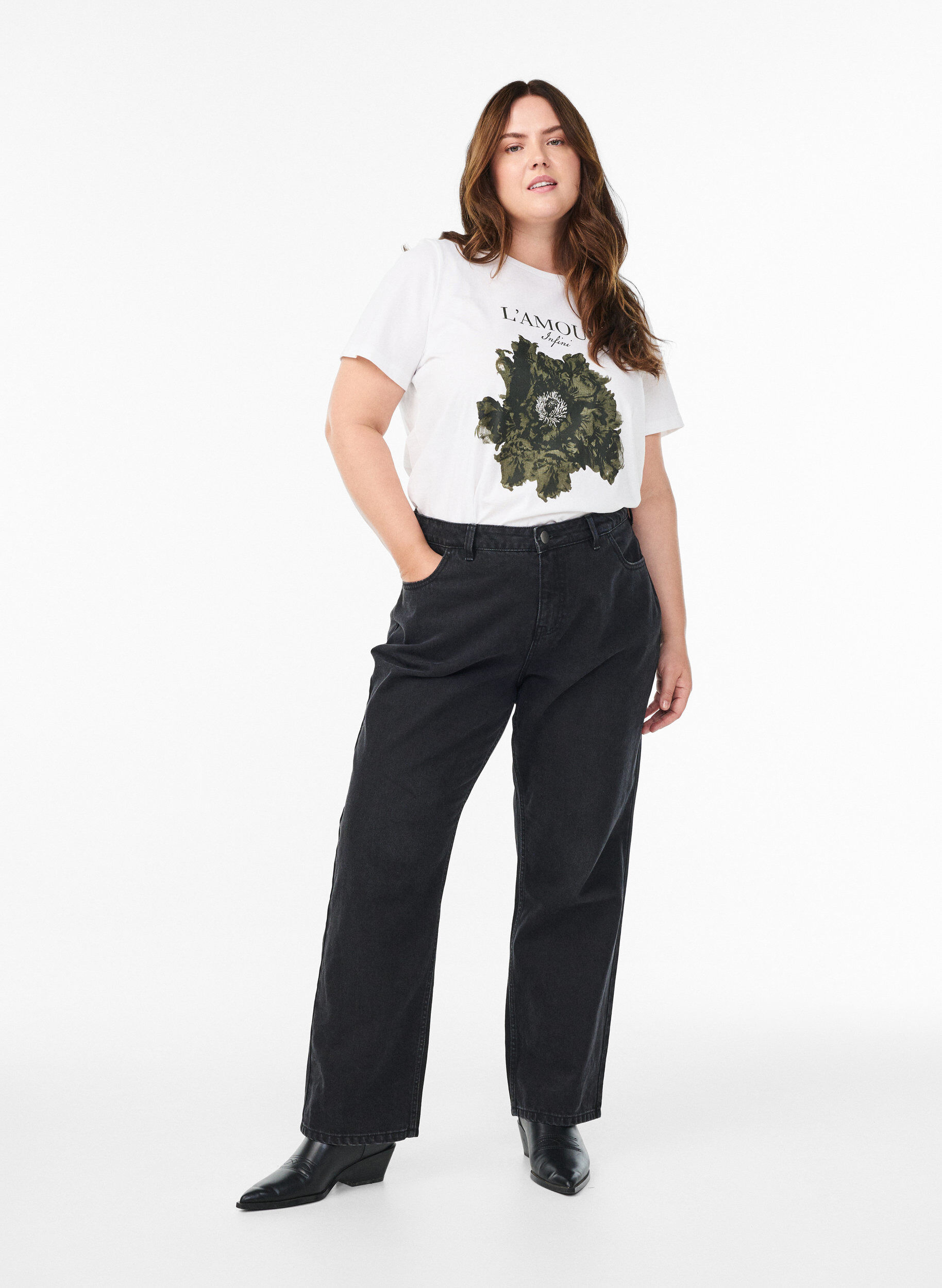 Zizzi T-shirt i bomull med tryck framtill, Vit, Model image number 1