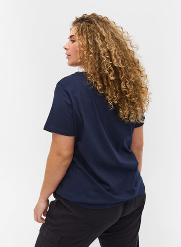 T-shirt i ekologisk bomull och v-ringning med snörning, Navy Blazer, Model image number 1