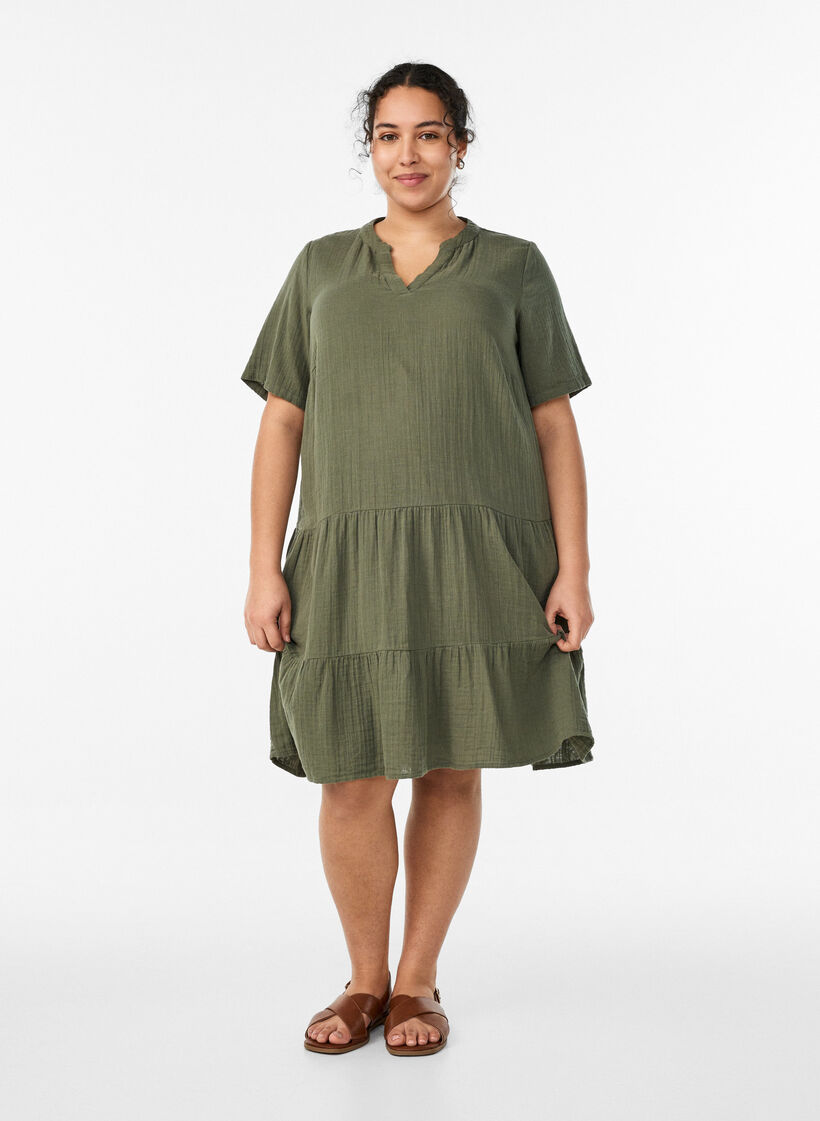 Kort a-linjeformad kl&auml;nning i bomullsmuslin, Gr&ouml;n, Model image number 1