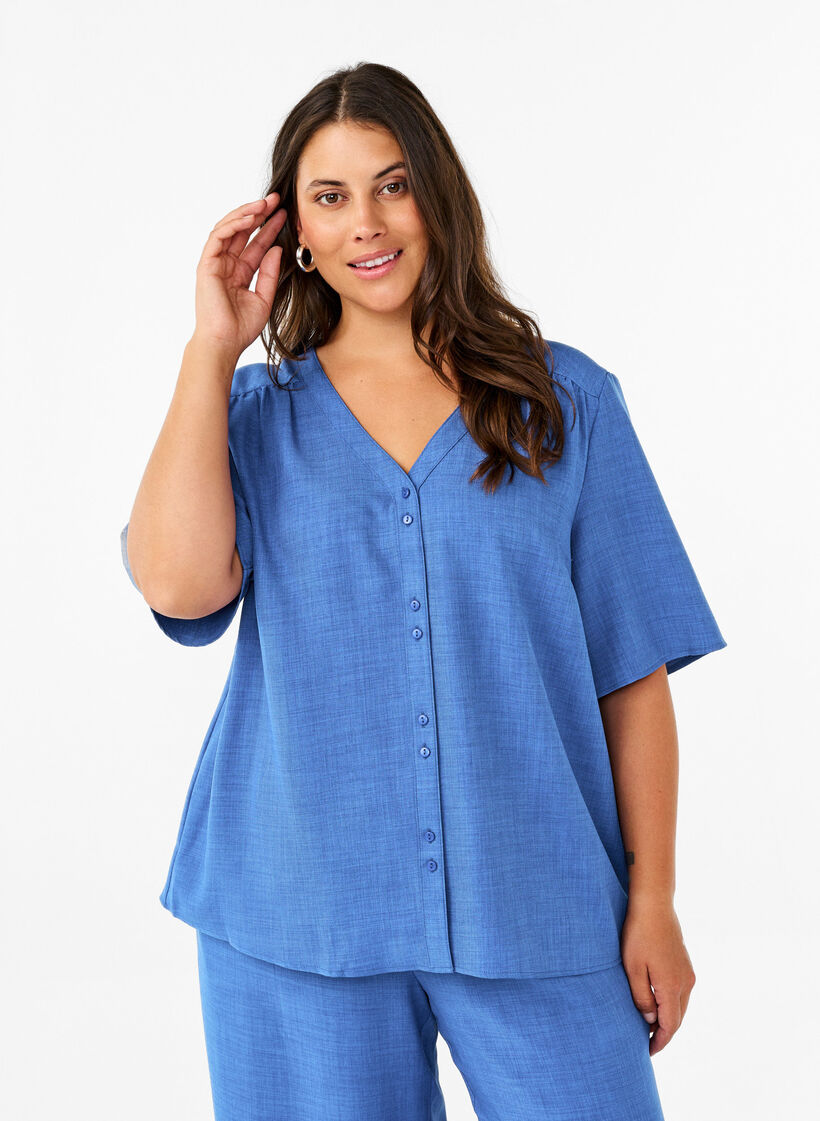 V-ringad skjortblus med korta &auml;rmar, Bl&aring;, Model image number 0