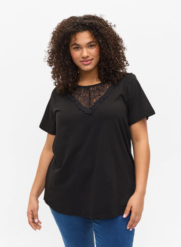 Kortärmad t-shirt med spetsdetaljer, Black, Model image number 0