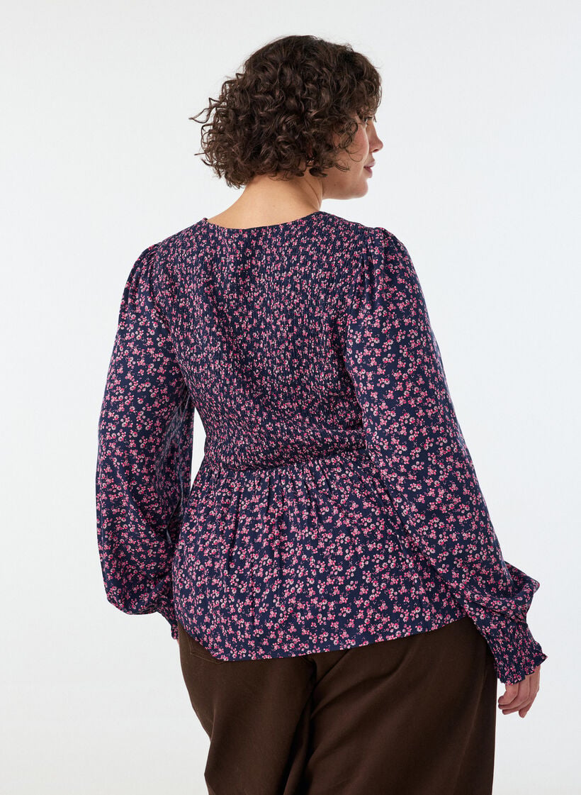 Blus med smock upptill och blommigt m&ouml;nster, Bl&aring;, Model image number 1